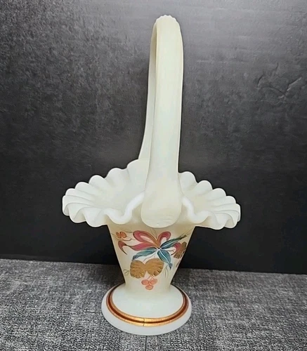 Fenton Glass Ivory Satin “Golden Pinecones” Hand Painted Basket w/ Handle Signed