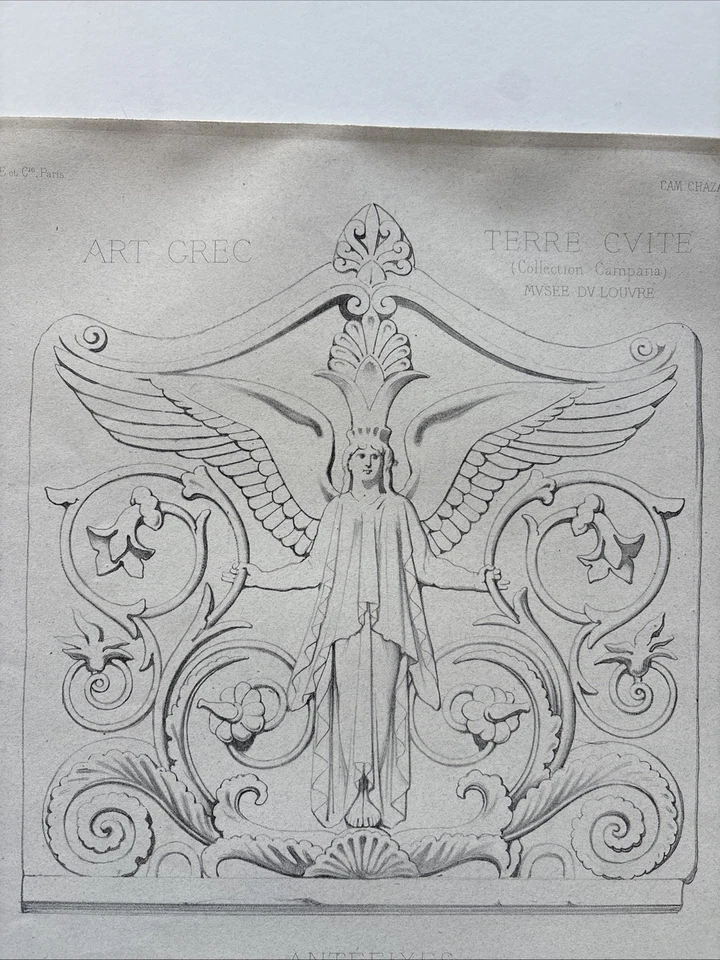 Litografia francesa antiga de 1868 – Antefixos e máscaras arquitetônicas por Chazal - Imagem 2 de 4