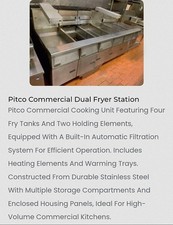 Pitco 4 Tank 8 basket 94" Gas Fryers with 2 Heat Lamps Built-In Filtration