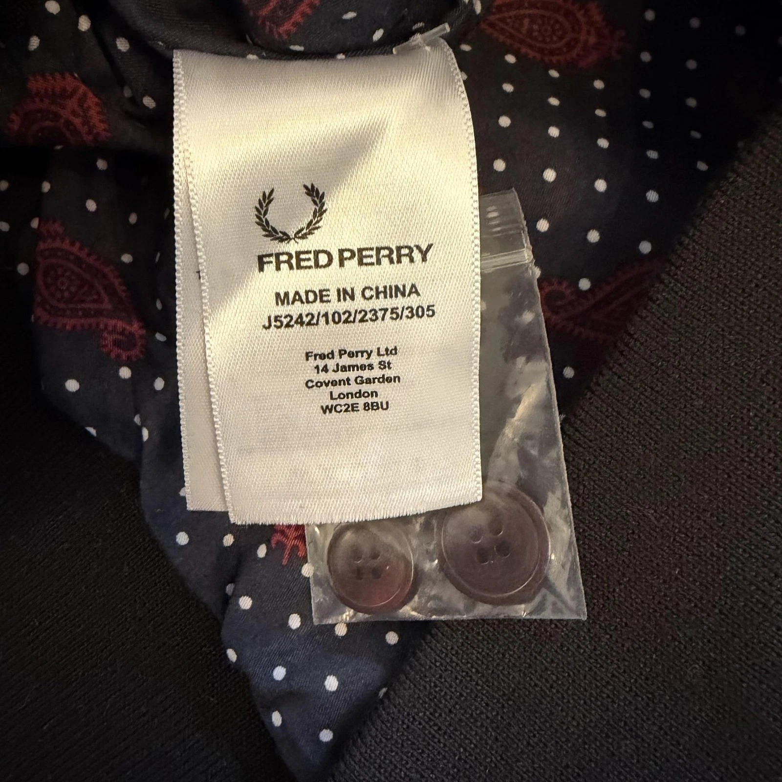 Fred Perry Mens Navy Bomber Jacket Drake's London Paisley Lined M J5242 - product detail image 4