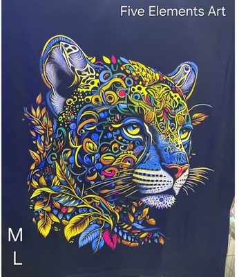 Unisex Cotton Black Psychedelic Neon Graphic Wolf T Shirt. Camiseta Lobo. L y M.