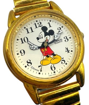 Disney Lorus Mickey Mouse Rotating Hands Watch Gold Tone Adjustable New Battery