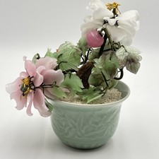 Vintage Chinese Jade  Rose Quartz Bonsai Tree Translucent Flowers In Pot Peony