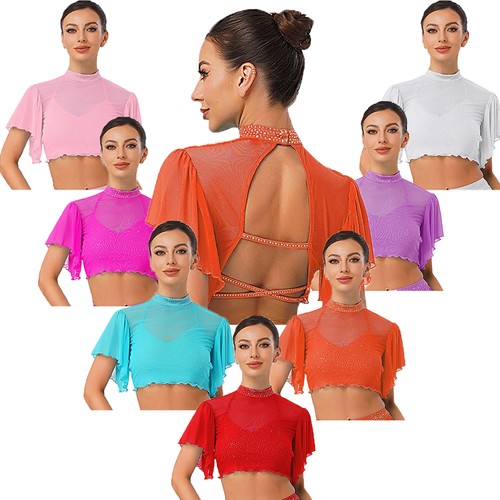 Womens Crop Top Pole Tops Short Sleeve Shirt Daily Wear Dance Sheer Cardigan - Picture 6 of 96