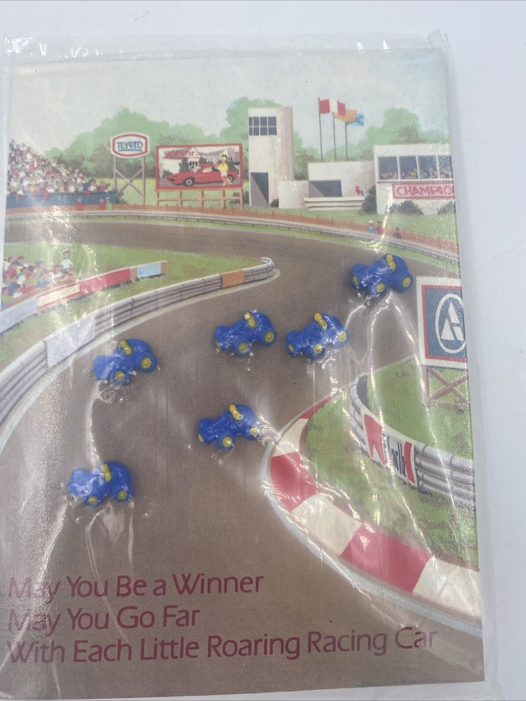 AVON Roaring Racing Car Buttons, Lot of 6, Plastic Small Race Cars, Blue/Yellow