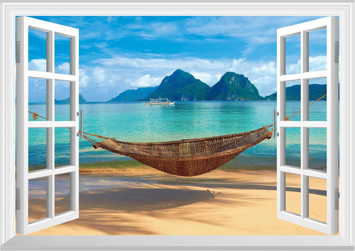 Fake Window Wall Mural - Shore Hammock Faux Window Wall Sticker for Wall Decor,