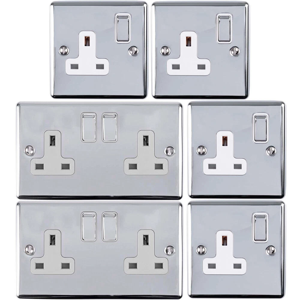 UK Plug Socket Pack 2x Twin 4x Single Gang CHROME Grey 13A