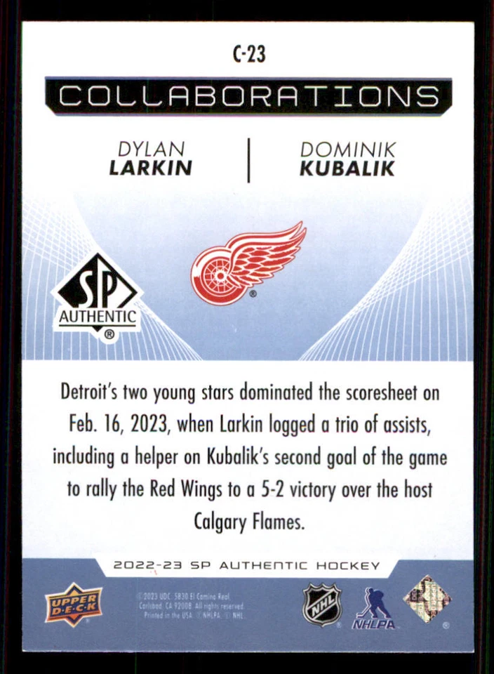2022-23 SP Authentic Collaborations Blue #C23 Dylan Larkin/Dominik Kubalik - Image 2 of 2