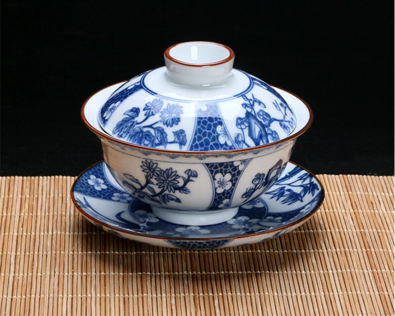 Tureen de porcelana china de 4" Jingdezhen Gaiwan de cerámica azul y blanco con cuenco Foto 3 de 4