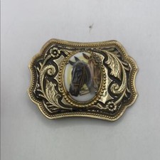 Horse Cabochon Western Belt Buckle Gold Tone Floral Cowboy Cowgirl Rodeo Ranch
