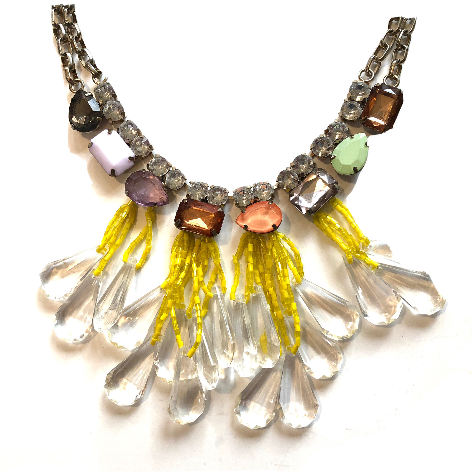 Statement Necklace Silver Chains Rhinestones Bead… - image 2
