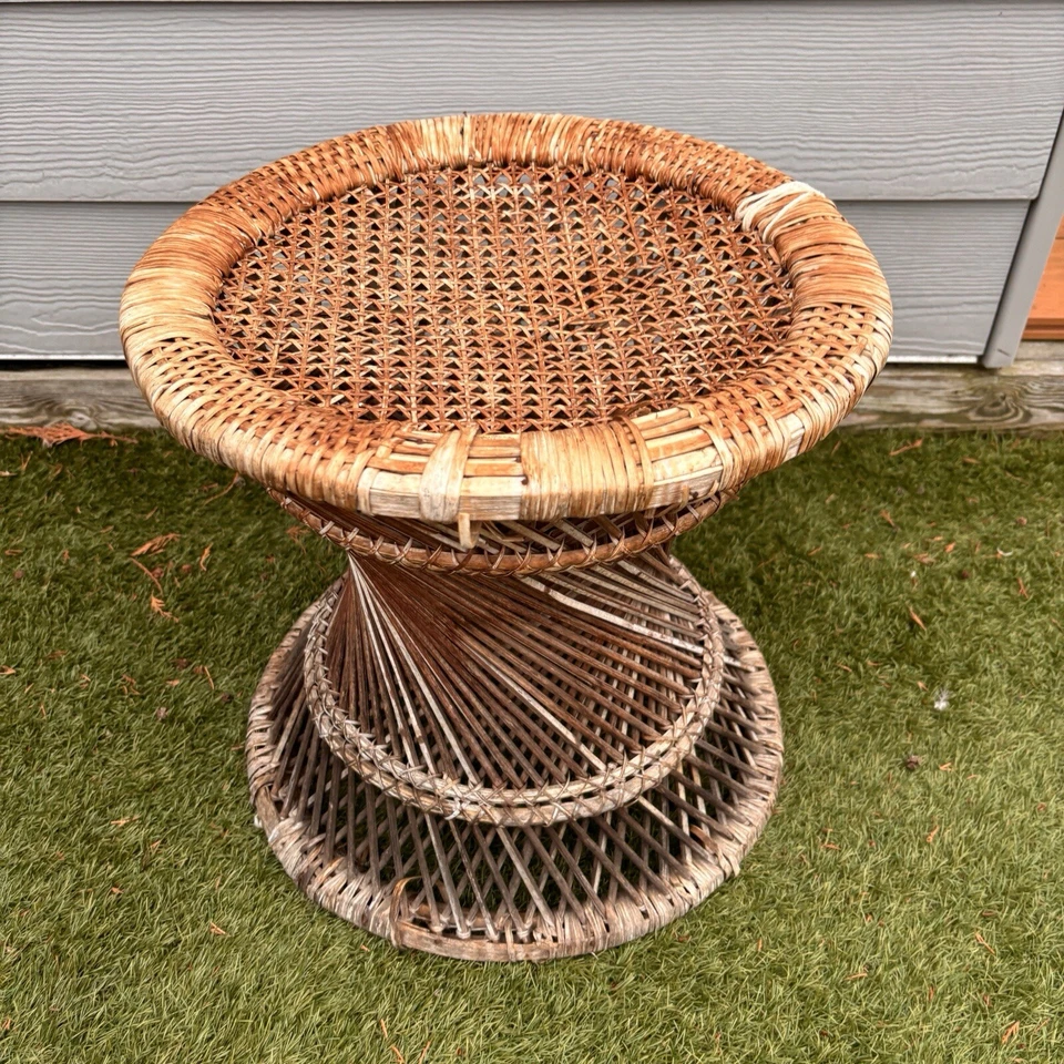 Vintage Retro Twisted Wicker Cane Rattan Stool/Table/Plant Stand Boho 70’s - Image 3 of 4