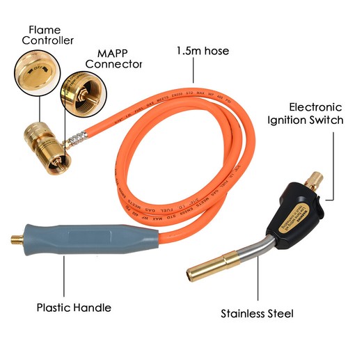 MAPP MAP-pro Propane Self-Igniting Gas Welding Turbo Burner Torch + 5' Hose Kit - Picture 7 of 11