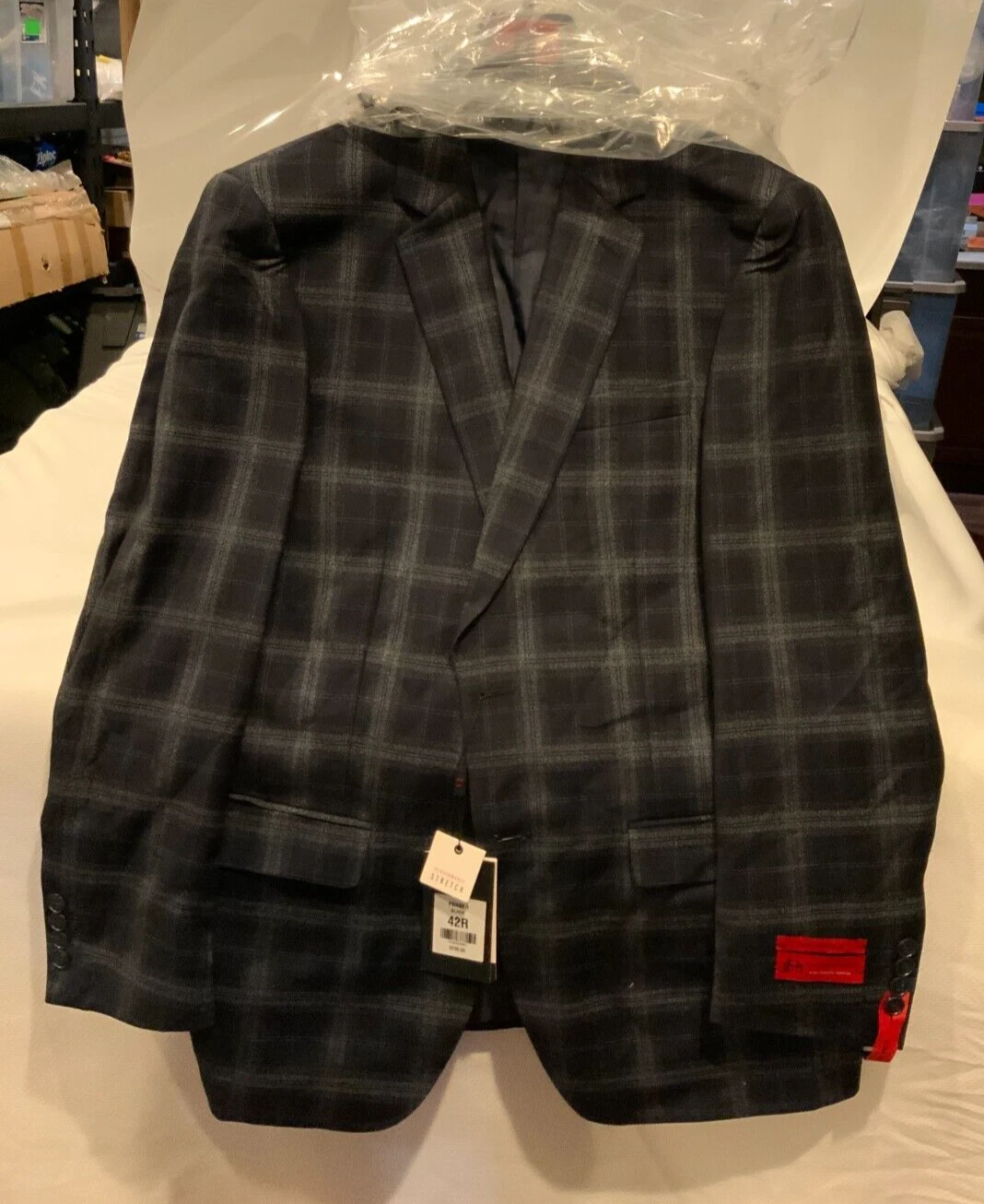 Platinomann Men's Slim Fit Plaid Blazer Jacket, Style# PB440-1, Size 42R, Black