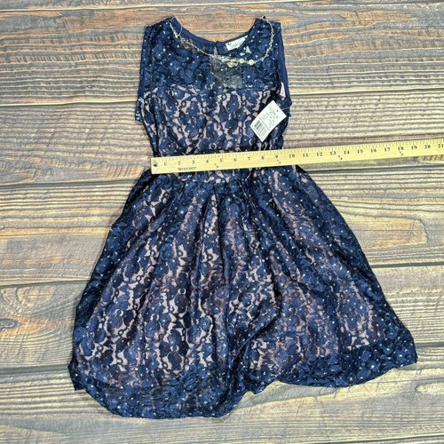 Knit Works Girls Navy Lace Mesh Rosette Lined Dress Belt Necklace 12 New NWT - Picture 3 of 7