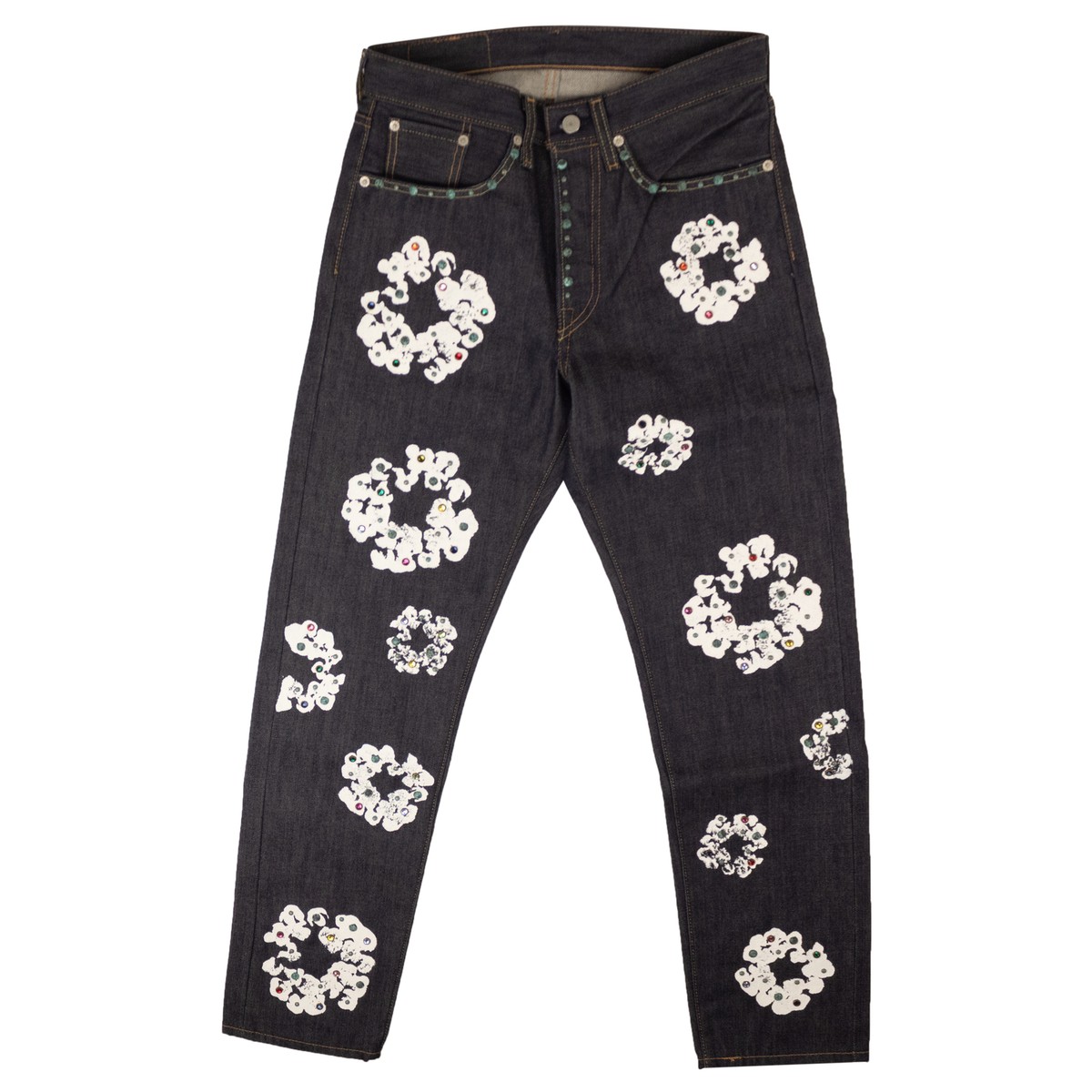 NWT DENIM TEARS Indigo Rhinestone Cotton Wreath Jeans Size 29x32