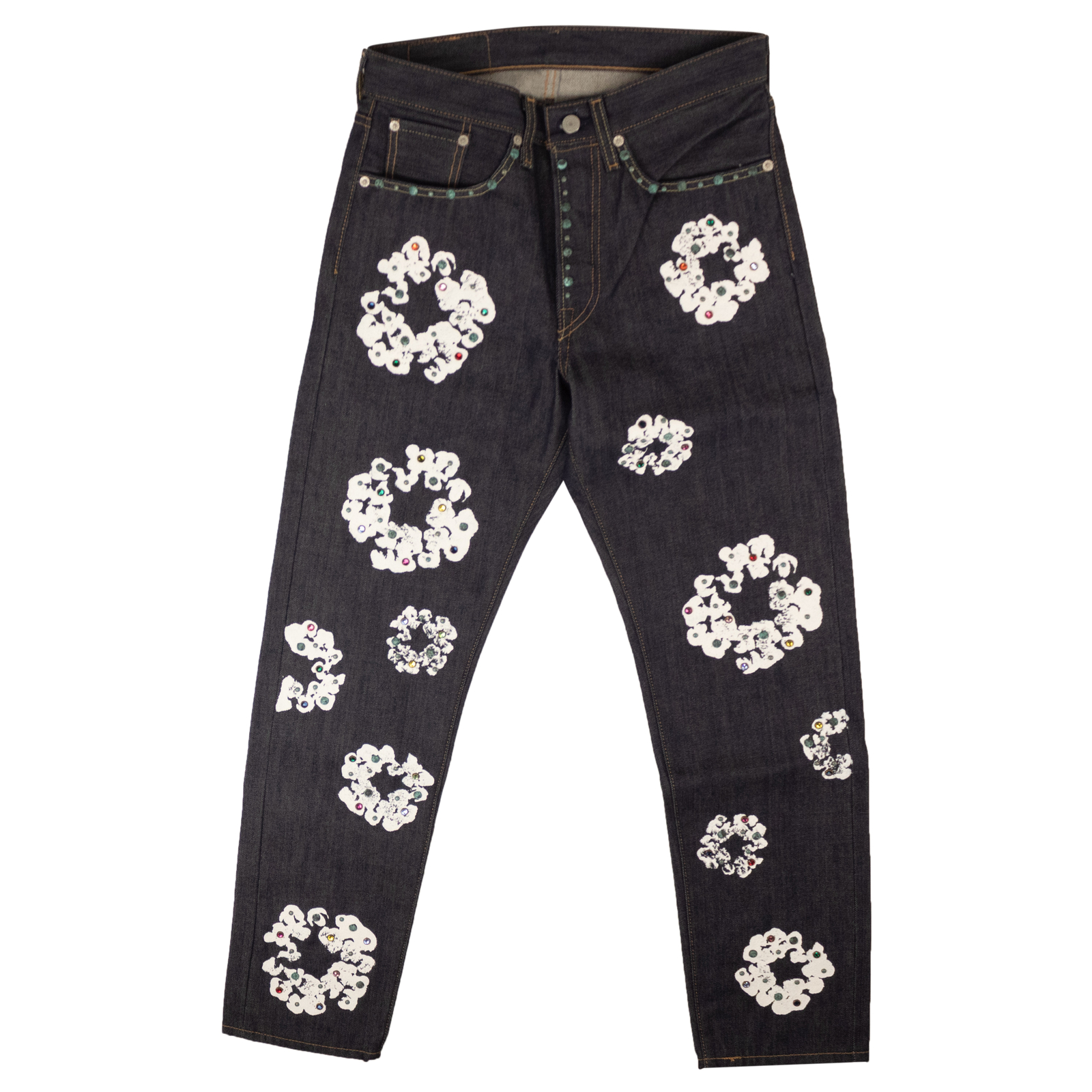 Джинсы NWT DENIM TEARS цвета индиго, украшенные стразами и хлопковым венком, Размер 29x32 $1200