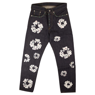 NWT DENIM TEARS Indigo Rhinestone Cotton Wreath Jeans Size 29x32
