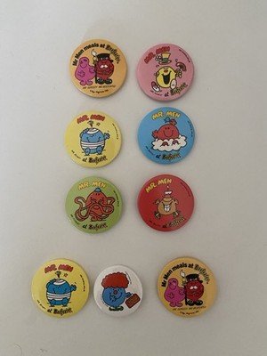 Set 7 & 2 Ersatzteile Vintage Mr Men Pin Anstecker 1986 Beefeater Roger Hargreaves