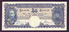 Australia R-44 bF (1933)  Five Pounds - Riddle/Sheehan.. 1st Prefix R/10.. aVF
