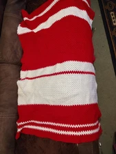 Vintage Crocheted Red And White Blanket Handmade Lap Afghan Throw. Appox. 34X48