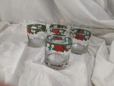 VTG Poinsettia Christmas Lowball Glasses Set of 4 - Red & Green Holiday Barware