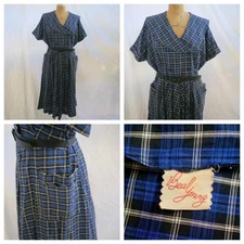 vtg 50s BEA YOUNG Blue Plaid Shirtwaist Full Cotton Swing Dress Rockabilly 22
