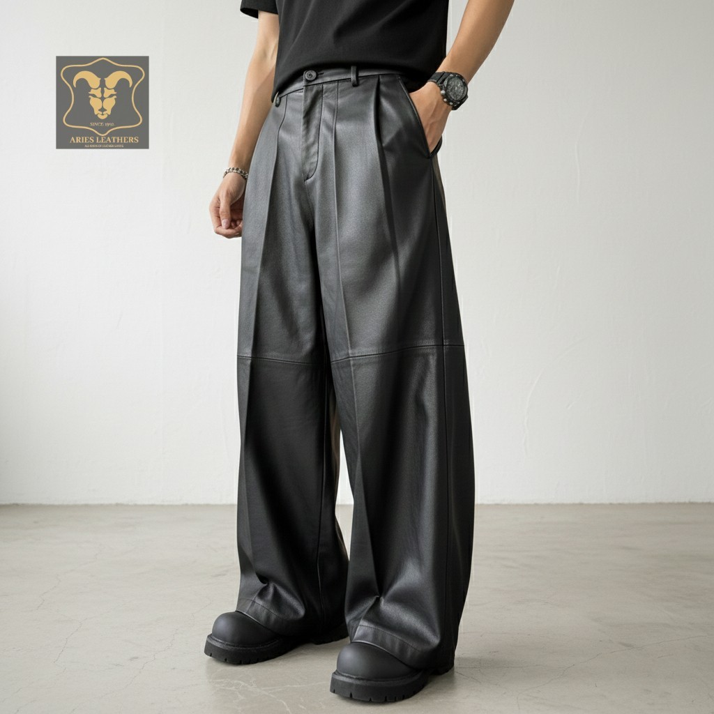 Men's Baggy Wide Leg Leather Pants Zipper Fly Pleated Trousers
