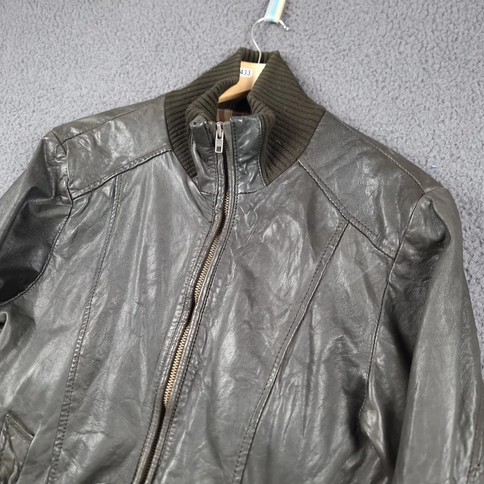 JACK & JONES Goat Leather Jacket Mens L Large Brown Biker Bomber Distressed Zip - Image 2 of 4