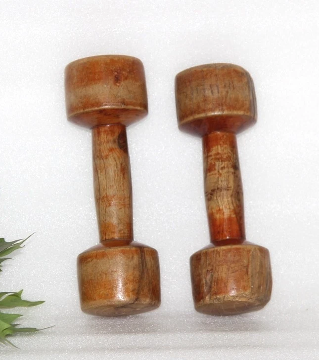 Vintage Pair of Wooden Dumbells Gym Equipment, Collectible