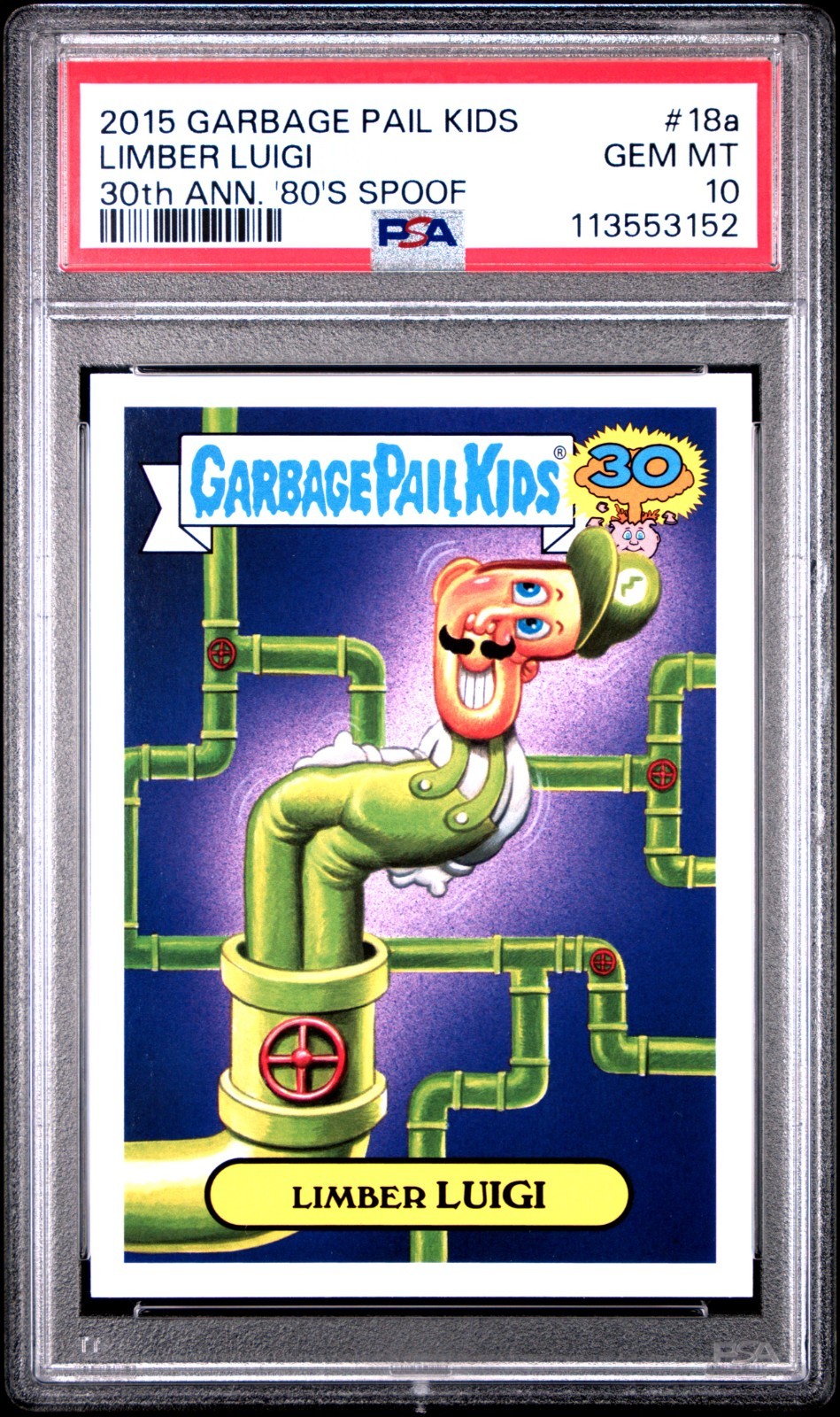 Limber LUIGI #18a 2015 Garbage Pail Kids 30th Anniversary trading card — raw and PSA graded price guide