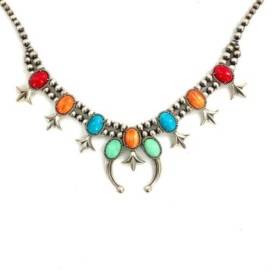 American West Spiny Coral, Turquoise Sterling Silver Squash Blossom Necklace 20 