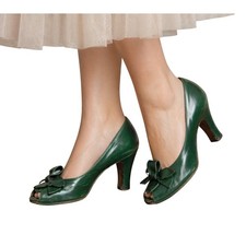 VTG 1940s Tweedies Green Leather Peep Toe Heels Bow Pumps Pinup Swing Sz 5N