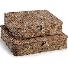 2 Pack Flat Seagrass Storage Bins with Lid, Wicker Woven Storage Basket Set, ...