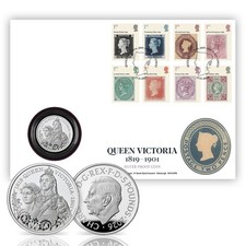 Stamps of Queen Victoria £5 Silver Proof Coin Cover - Royal Mail and Royal Mint.