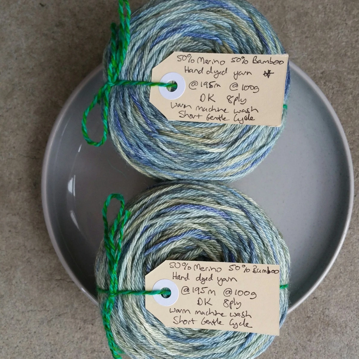 Hand Dyed 8ply Yarn, 2 X 100g 2 X 195m Variegated Blue Olive Merino Bamboo