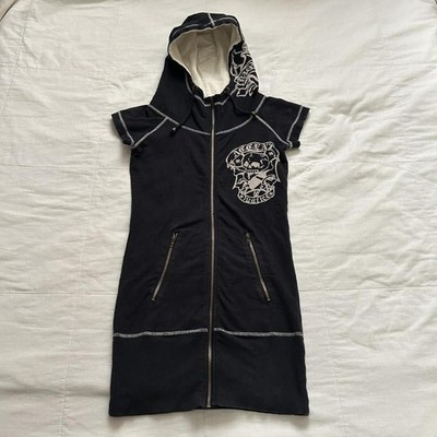 D.i.a. Black & white zip up hoodie dress with skull and roses design Size XS