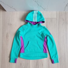 Adidas Hoodie Girls Small 7/8 Teal Climalite Pullover Sweatshirt Sporty Stripes
