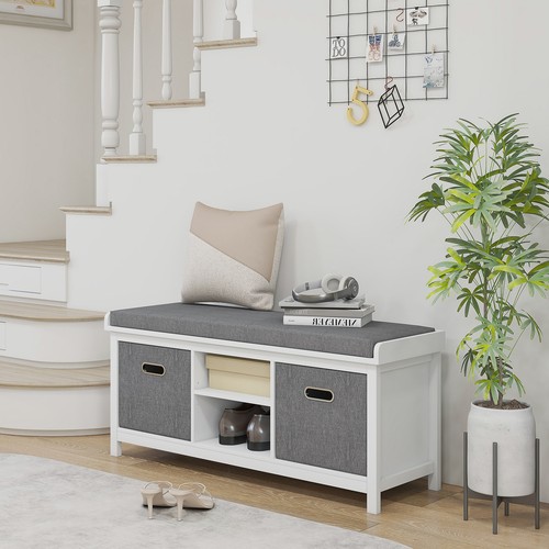 HOMCOM Storage Shoe Bench with Cushion, Fabric Drawers for Entryway, White - Picture 1 of 11