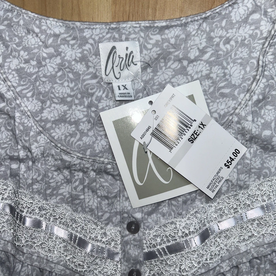 Camisón Aria Mujer 1X Manga Larga Cuello Barco Gris Blanco Floral Nuevo Foto 2 de 4