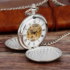 Silver Smooth Mechanical Double Hunter Skeleton Pocket Watch Mens Womens Gifts