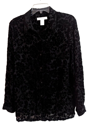 C.L.O.T.H.E.S. Black Floral Velvet Burnout Long Sleeve Button Up Top Sz Large F1