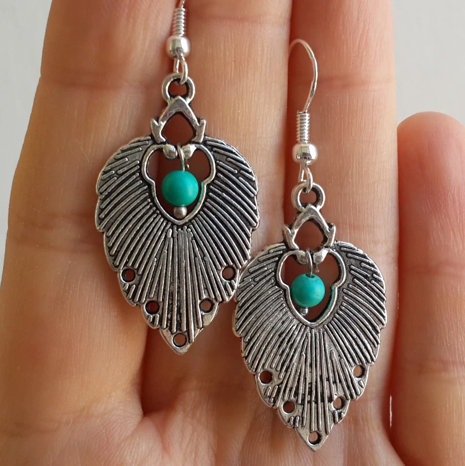 Pendientes Grandes Hoja Plata Piedra Turquesa 925 Ganchos de Ley y Plata Tibetana Foto 2 de 4
