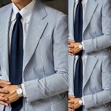 Blue Seersucker Men's Suits 2 Pieces Evening Party Jacket Summer Wedding Tuxedos