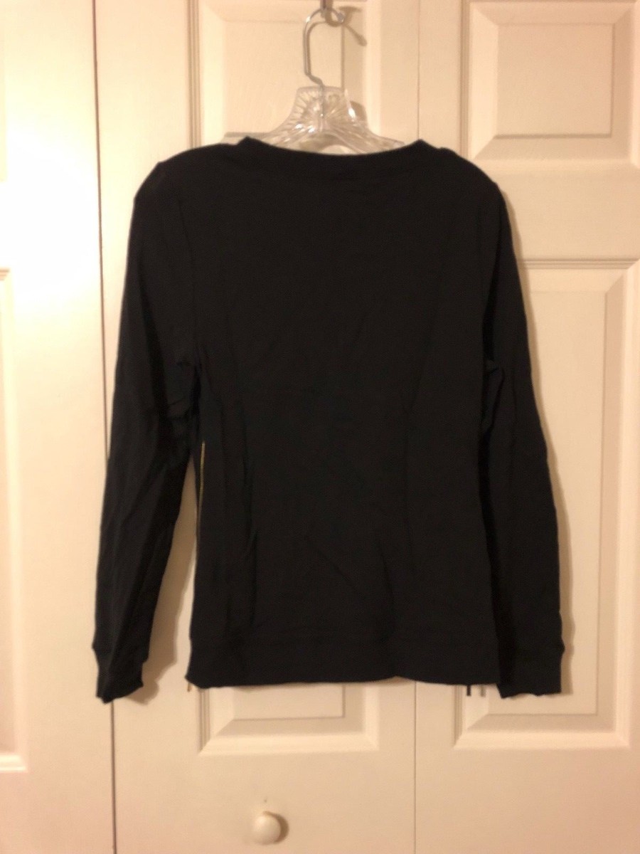 BEBE Gold Rhinestone Logo and Side Zipper Long Sleeve Shirt
