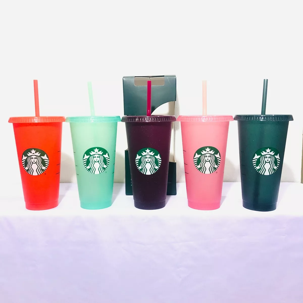 Starbucks Reusable Cold Cups with Lids & Straws-Set Of 5 Glitter Color  Changing