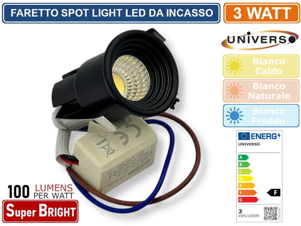 FARO FARETTO LED PUNTO LUCE SPOT LIGHT ROTONDO COLORE NERO DA INCASSO 3W - Immagine 2 di 3
