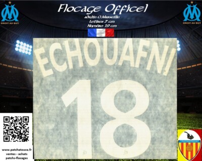 Flocage Officiel OM 97/98 Away – Échouafni N°18, Monblason, Blanc, Thermocollant
