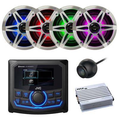 JVC Marine Radio, 4x 6.5'' LED Speaker, White+Chrome Grille, Amp, Rearview Camera