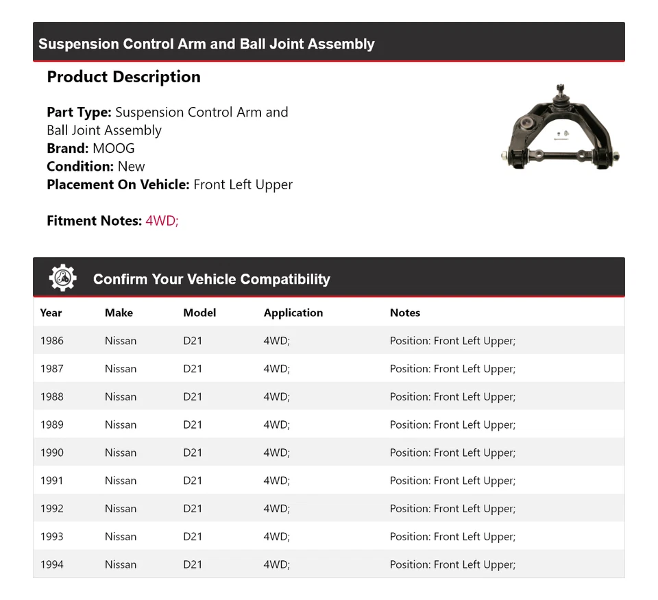 Conjunto de rótula brazo de control delantero izquierdo superior para Nissan D21 1986-1994 4x4 Foto 2 de 4
